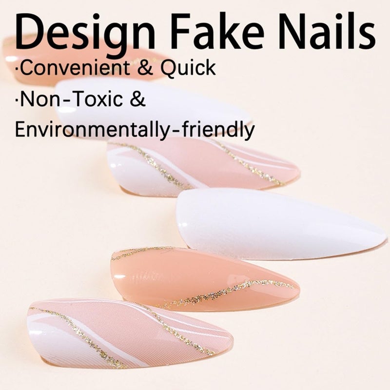 CTTHNBD Almond Press on Nails Medium - Fall Fake Nails with Gold Line Design - White Full Cover Stick on False Nails - for Women 24 Pcs - Image 4